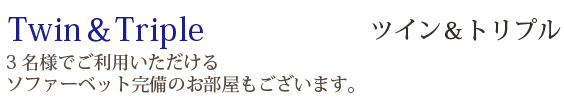 Twin＆Triple ツイン＆トリプル：3名様でご利用していただけるソファーベット完備のお部屋もございます。 